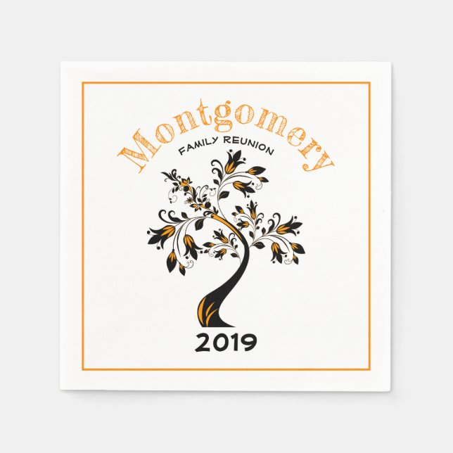 Family Reunion Modern Orange Flowering Black Tree Napkin (Front)