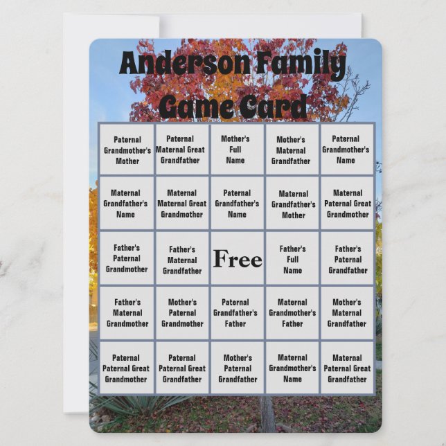 Family Reunion Name Bingo Game Colourful Fall Tree (Front)