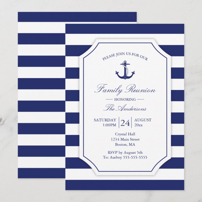 Family Reunion Nautical Anchor Blue Stripes Invitation (Front/Back)