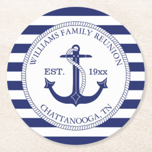 Family Reunion Nautical Anchor Monogram Round Paper Coaster