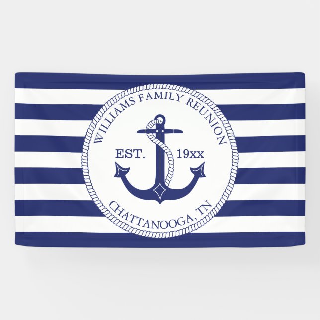 Family Reunion Nautical Anchor Monogram Striped Banner (Horizontal)
