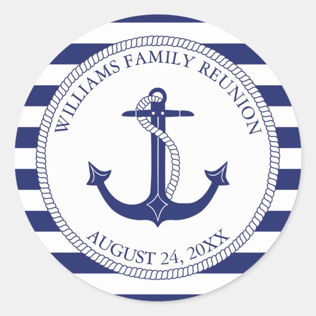 Family Reunion Nautical Anchor Monogram Striped Classic Round Sticker (Front)