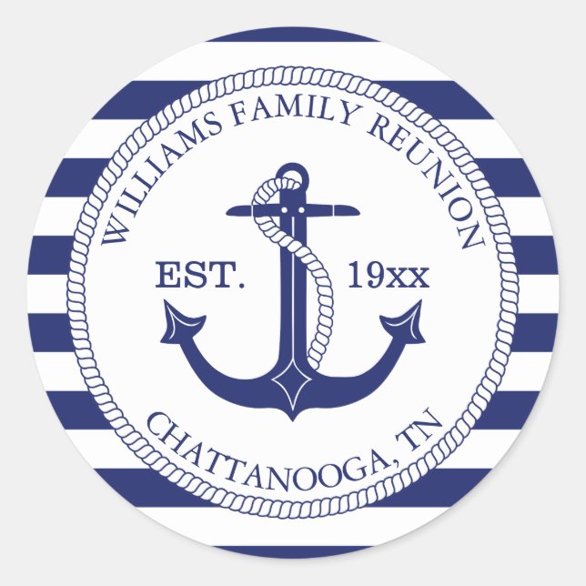 Family Reunion Nautical Anchor Monogram Striped Classic Round Sticker (Front)