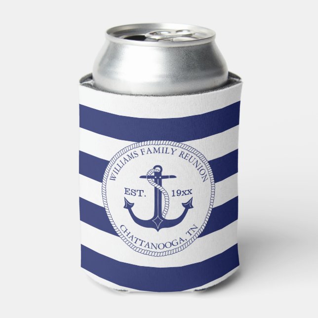 Family Reunion Nautical Blue Anchor Monogram  Can Cooler (Can Front)