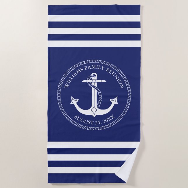 Family Reunion Nautical White Anchor Monogram Beach Towel (Front)