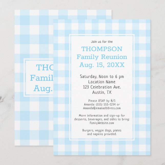 Family Reunion Pale Blue Buffalo Check Party Invitation (Front/Back)