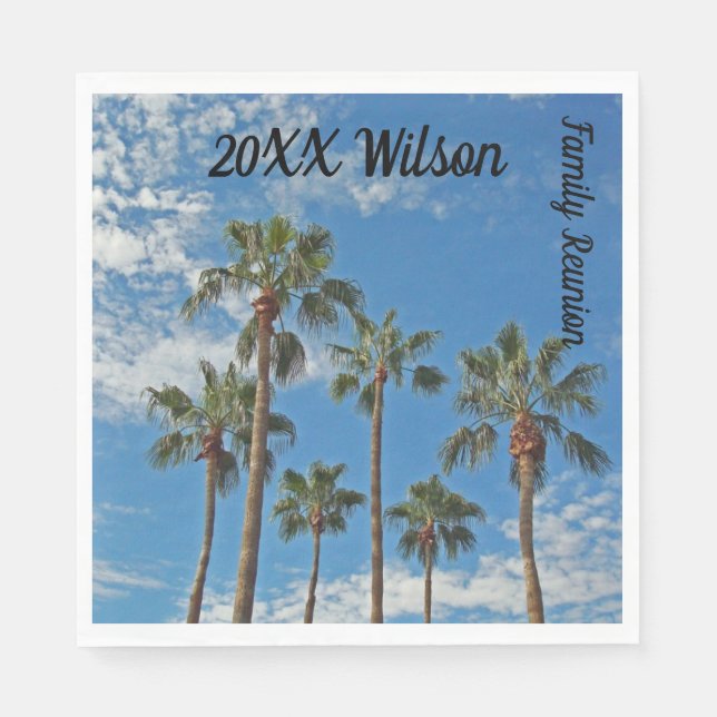Family Reunion Palm Trees and Blue Sky Photo Napkin (Front)