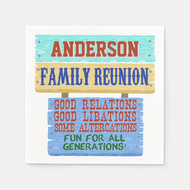 Family Reunion Party Funny Wooden Sign | Add Name Napkin (Front)