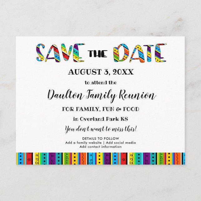 Family Reunion, Party or Event Fun Save the Date Announcement Postcard (Front)