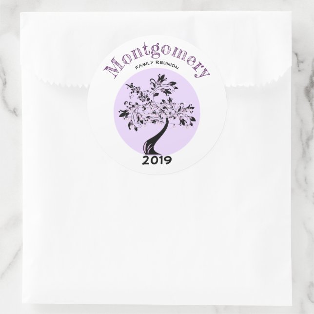 Family Reunion Party Trendy Purple Tree Artwork Classic Round Sticker (Bag)