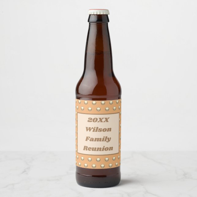 Family Reunion Peach and Gold Polka Dot Pattern Beer Bottle Label (Front)