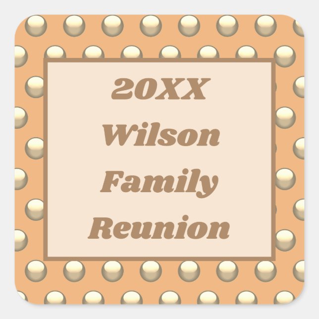 Family Reunion Peach and Gold Polka Dot Pattern Square Sticker (Front)