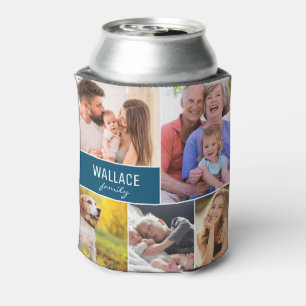Family Reunion Photo Collage Custom Name Blue Can Cooler