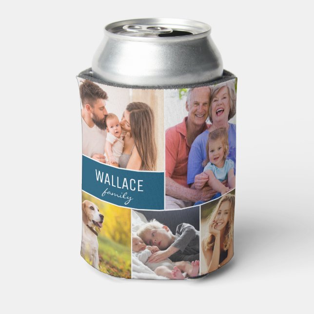Family Reunion Photo Collage Custom Name Blue Can Cooler (Can Back)