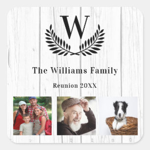 Family reunion photo monogram rustic wood square sticker