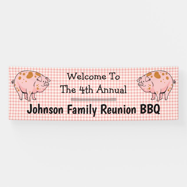 Family Reunion Pig BBQ Party Welcome Red Check Banner (Horizontal)