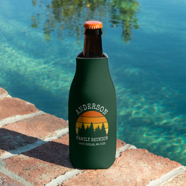 Family Reunion Pine Trees Sunset Green Bottle Cooler (In Situ Pool)
