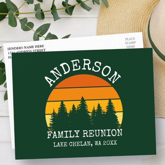 Family Reunion Pine Trees Sunset Green Postcard (Customize to change text size, color or text style.)
