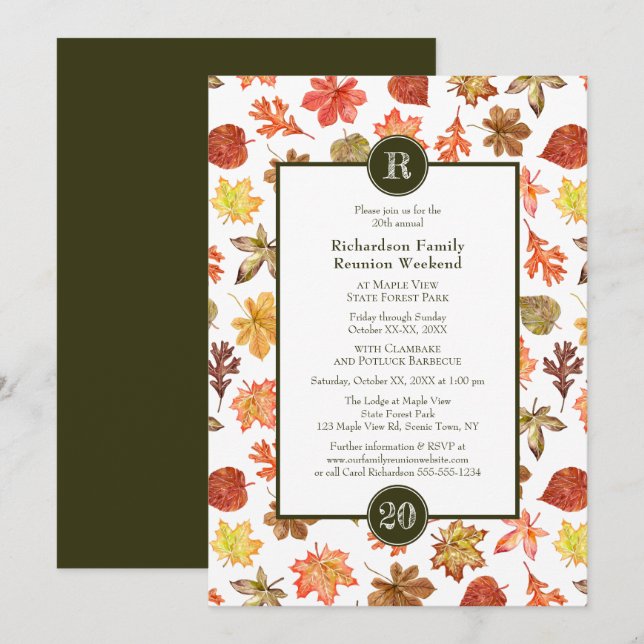 Family Reunion potluck BBQ autumn leaves monogram Invitation (Front/Back)