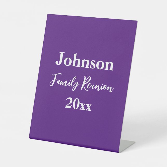 Family Reunion Purple and White Name Year Template Pedestal Sign (Front)