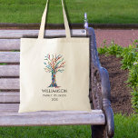 Family Reunion Rainbow Family Tree Tote Bag<br><div class="desc">These fun and stylish tote bags are decorated with a family tree in the colors of the rainbow. Customize them with your family name and the year. This unique design is a print of my Family Tree mosaic which was made from tiny pieces of brightly colored glass. Original Mosaic ©...</div>