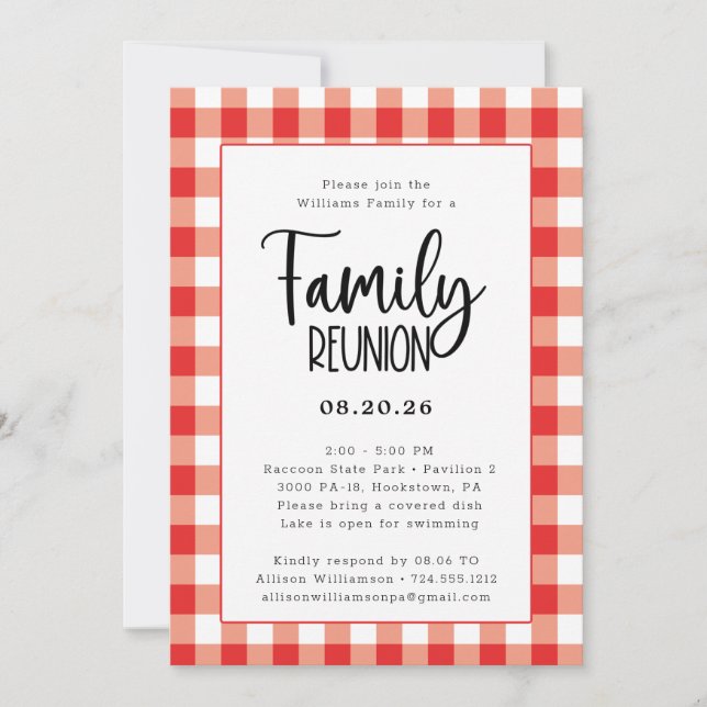 Family Reunion Red and White Gingham Buffalo Check Invitation (Front)