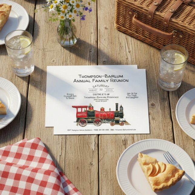 Family Reunion Red Train Invitation Postcard (Family Reunion Red Train Invitation Postcard)