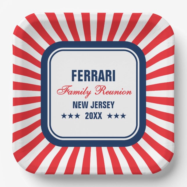 Family Reunion Red White Blue Personalised Paper Plate (Front)