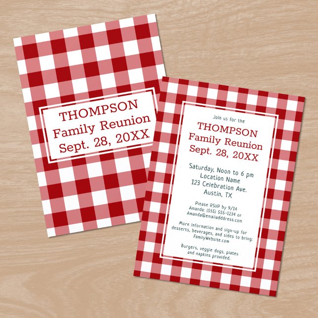 Family Reunion Red White Buffalo Check Party Invitation (Family Reunion Red White Buffalo Check Party Invitation, front/back)