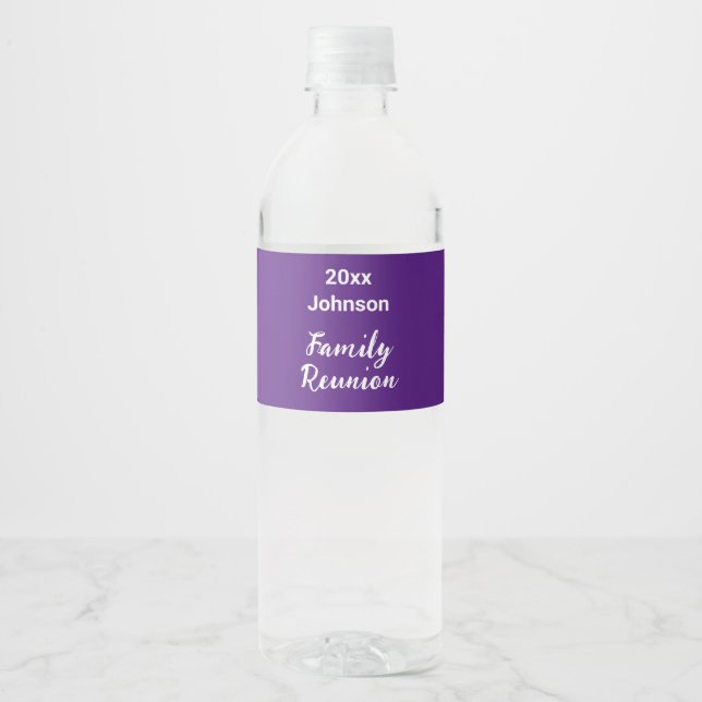 Family Reunion Royal Purple and White Year Name Water Bottle Label (Front)