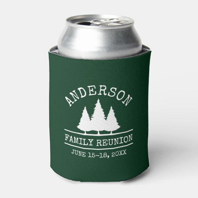 Family Reunion Rustic Pine Trees Green Can Cooler (Can Front)