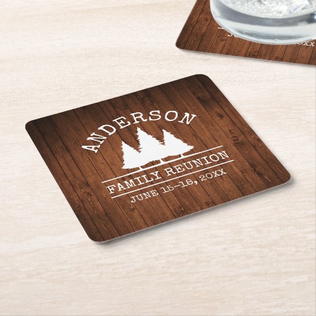 Family Reunion Rustic Pine Trees Wood Print Square Paper Coaster (Angled)
