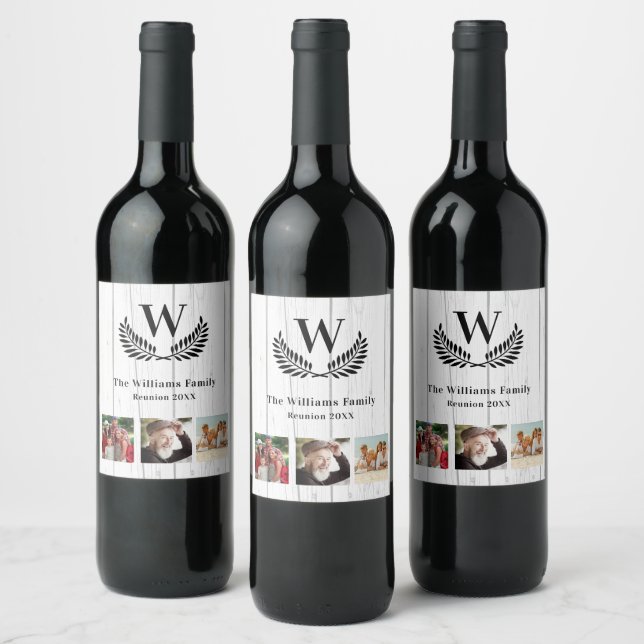 Family reunion rustic wood photo monogram wine label (Bottles)