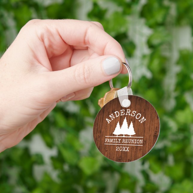 Family Reunion Rustic Wood Pine Trees Key Ring (Hand)