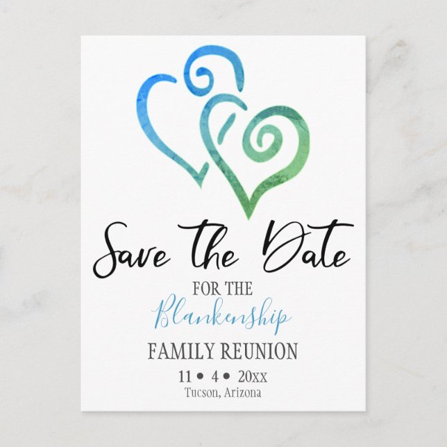 Family Reunion Save The Date Blue Green Hearts Ann Announcement Postcard (Front)