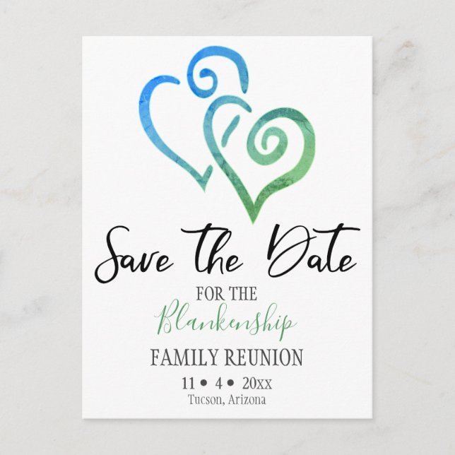 Family Reunion Save The Date Blue Green Hearts Announcement Postcard (Front)