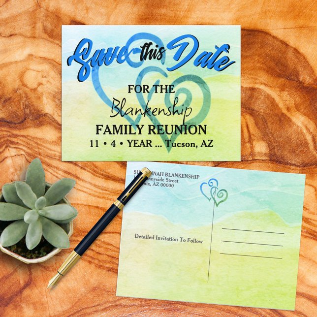 Family Reunion Save The Date Blue Green Hearts  Announcement Postcard (This pastel watercolor family reunion designed SAVE THE DATE announcement is easy to personalize. )