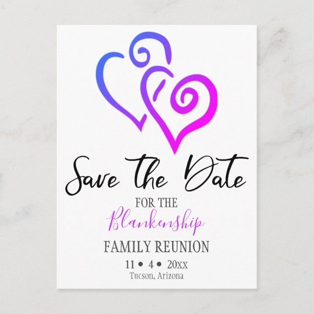 Family Reunion Save The Date Blue Pink Hearts Announcement Postcard (Front)