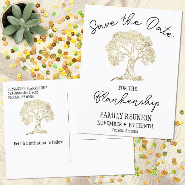 Family Reunion Save The Date Gold Tree  Announcement Postcard (Creator Uploaded)