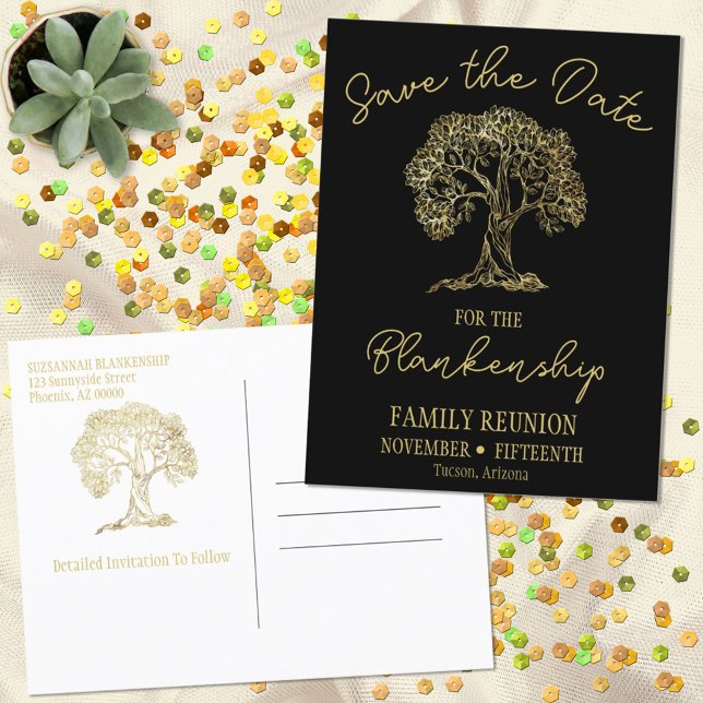 Family Reunion Save The Date Gold Tree  Announcement Postcard (Creator Uploaded)