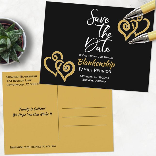 Family Reunion Save The Date Linked Golden Hearts Announcement Postcard (Creator Uploaded)