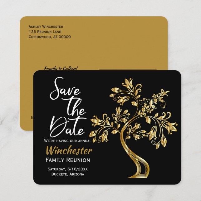 Family Reunion Save The Date Modern Gold Tree (Front/Back)