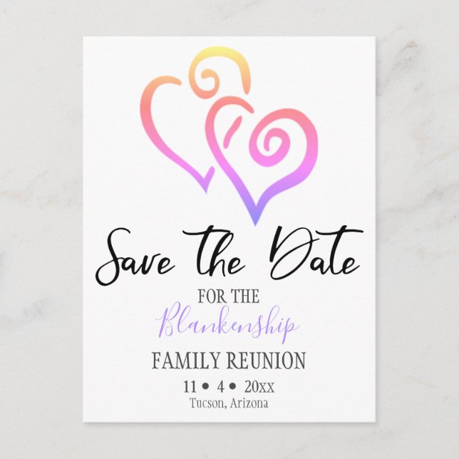 Family Reunion Save The Date Rainbow Linked Hearts Announcement Postcard (Front)