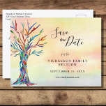 Family Reunion Save The Date Rainbow Tree Announcement Postcard<br><div class="desc">Family Reunion Save The Date Rainbow Tree Announcement Postcard. Ask your family to save the date for your Family Reunion with this stylish invitation postcard. It features a family tree in the colours of the rainbow on a watercolor background. There are templates for you to customise with your family name...</div>