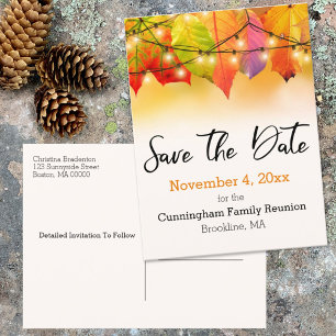 Family Reunion Save The Date String Lights Leaves Announcement Postcard