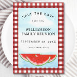Family Reunion Save The Date Watermelon<br><div class="desc">Are you planning a family reunion? 
Let your family know the date with this unique Save the Date card.
It is decorated with watercolor watermelons,  a blue sky,  and a red and white buffalo check background. 
Easily customisable. Original Watercolor © Michele Davies.</div>