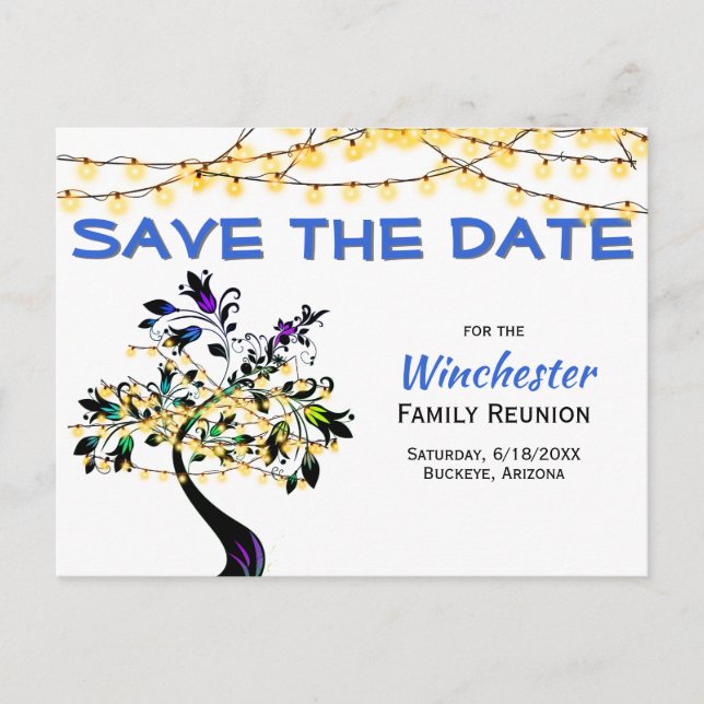 Family Reunion Save The Date Yellow Lights Tree   Announcement Postcard (Front)
