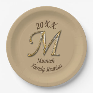 Family Reunion Silver Gold Letter M Monogram Paper Plate