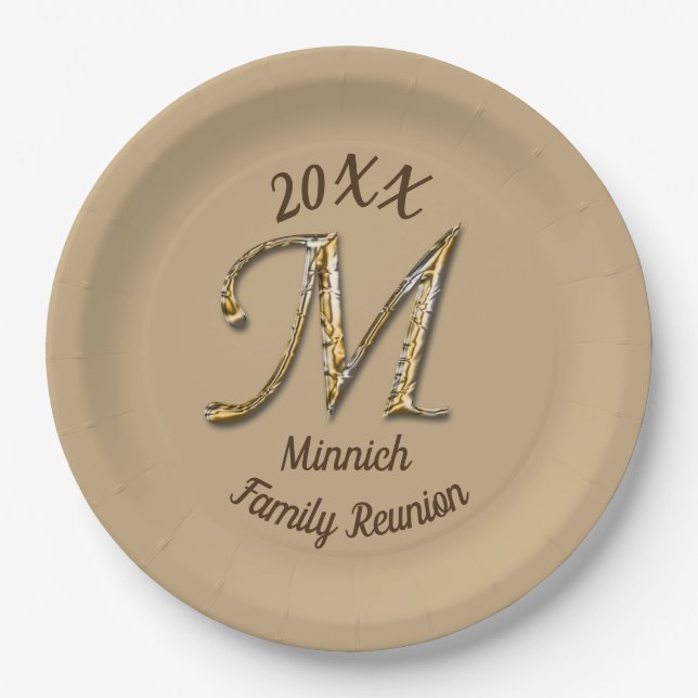 Family Reunion Silver Gold Letter M Monogram Paper Plate (Front)
