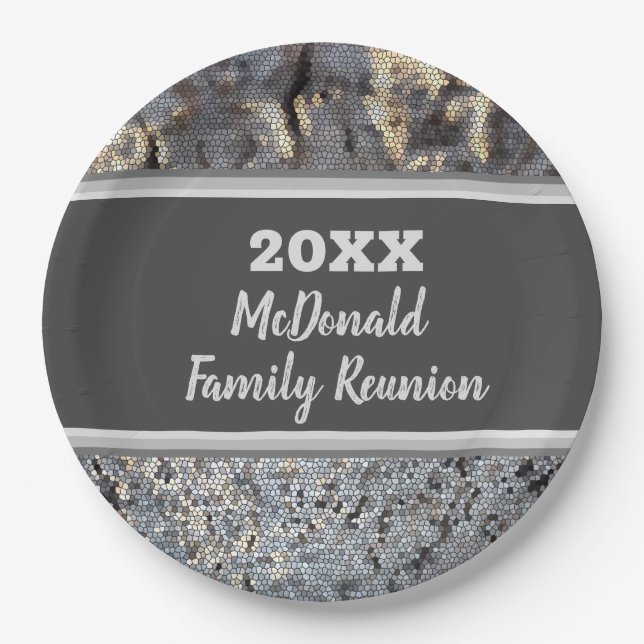 Family Reunion Snakeskin Pattern Grey Black Mosaic Paper Plate (Front)